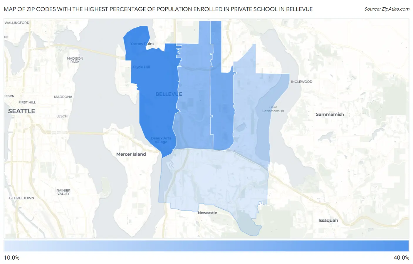 Zip Codes with the Highest Percentage of Population Enrolled in Private School in Bellevue Map