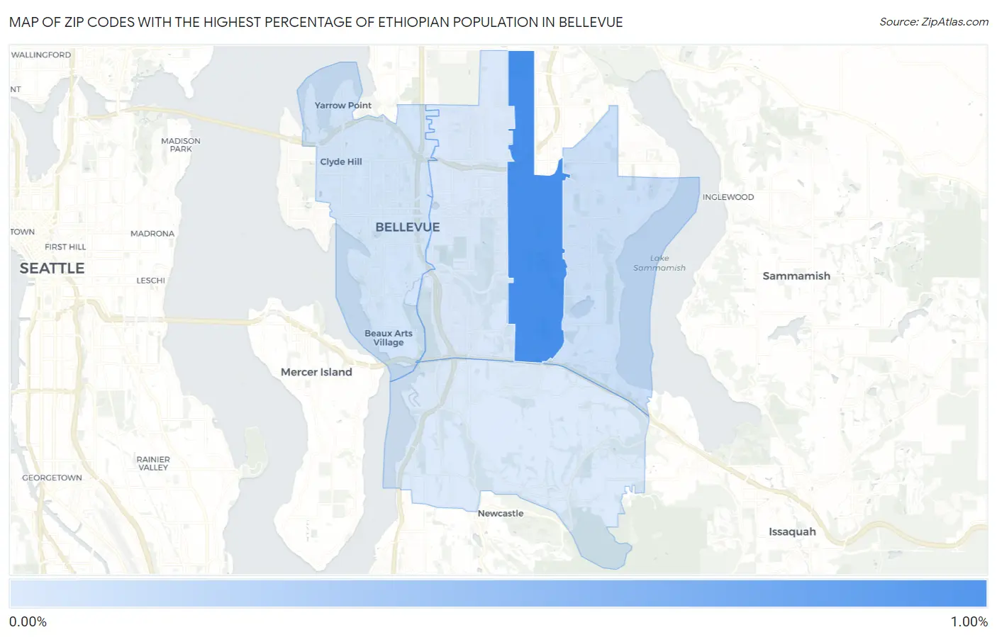 Zip Codes with the Highest Percentage of Ethiopian Population in Bellevue Map