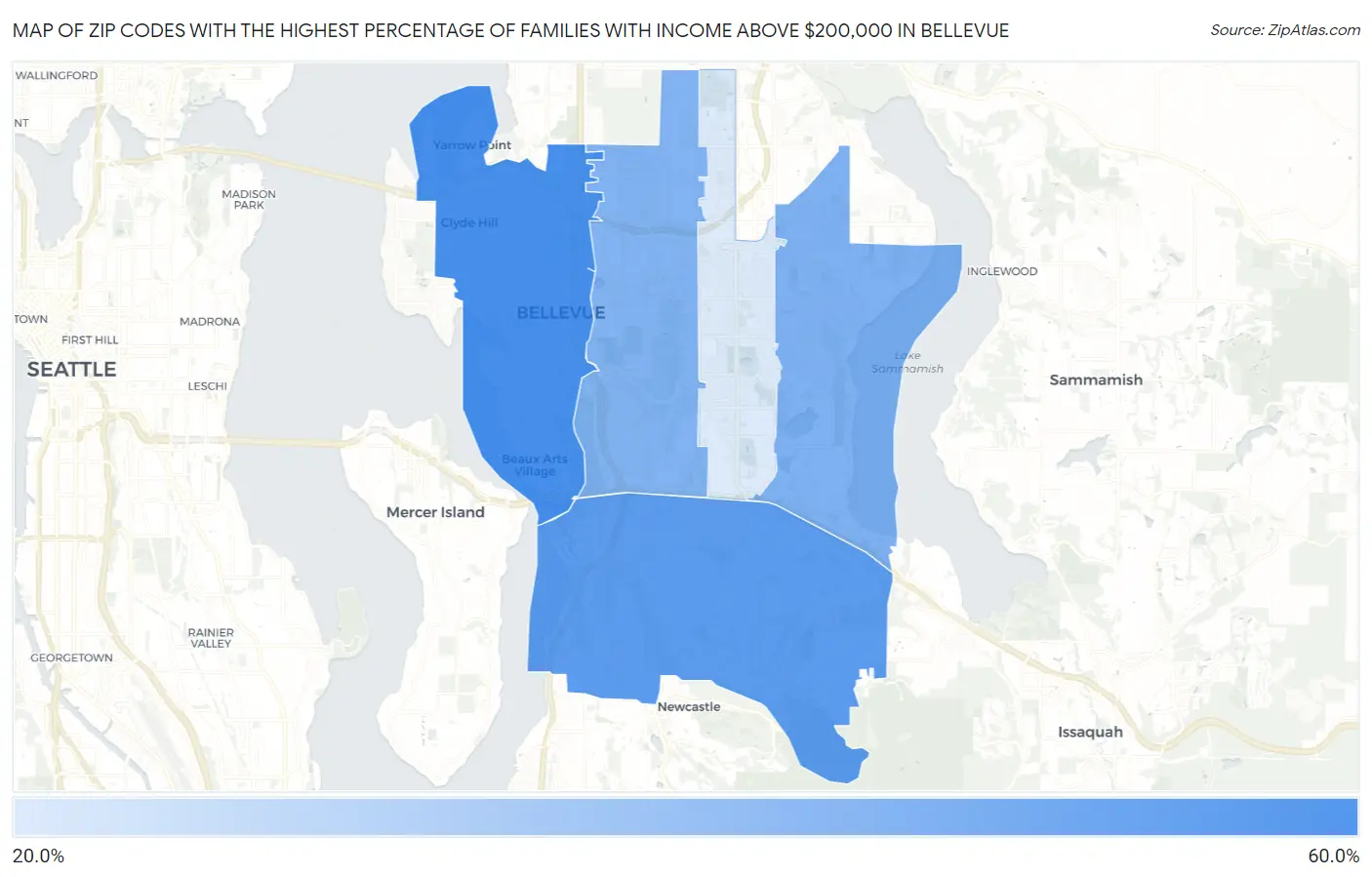 Zip Codes with the Highest Percentage of Families with Income Above $200,000 in Bellevue Map