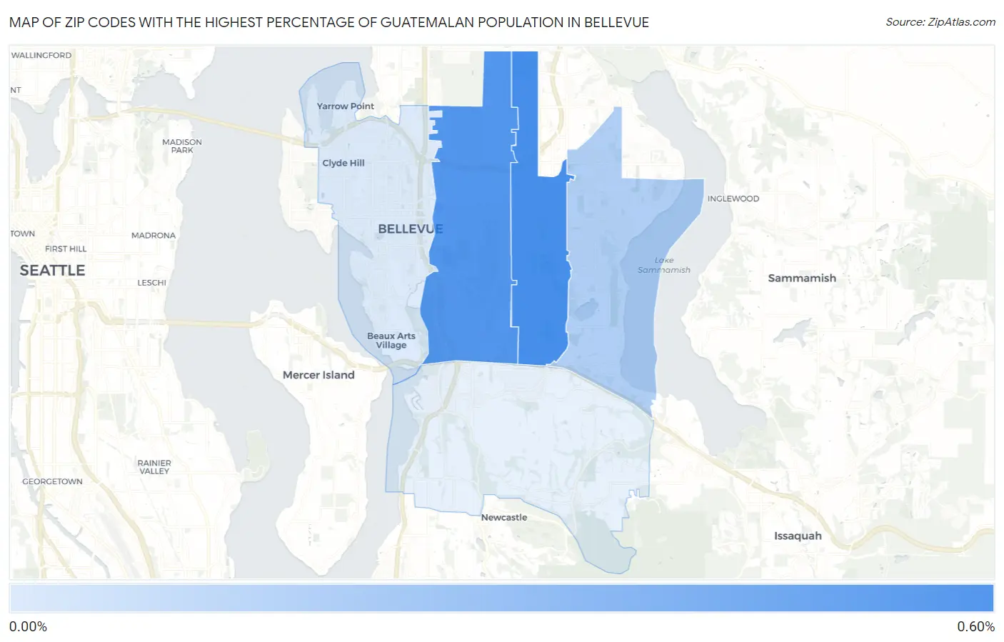 Zip Codes with the Highest Percentage of Guatemalan Population in Bellevue Map