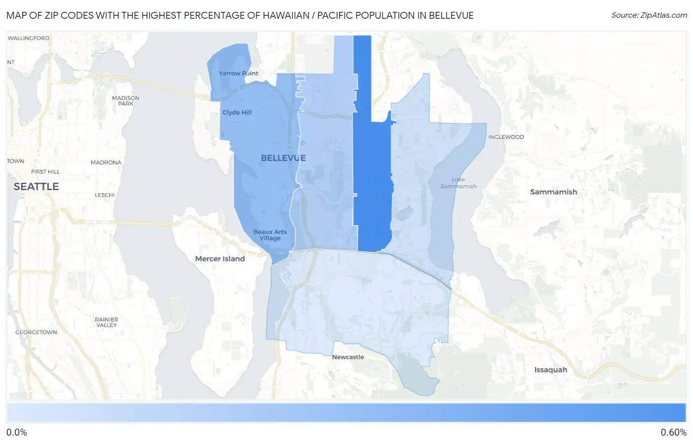 Zip Codes with the Highest Percentage of Hawaiian / Pacific Population in Bellevue Map