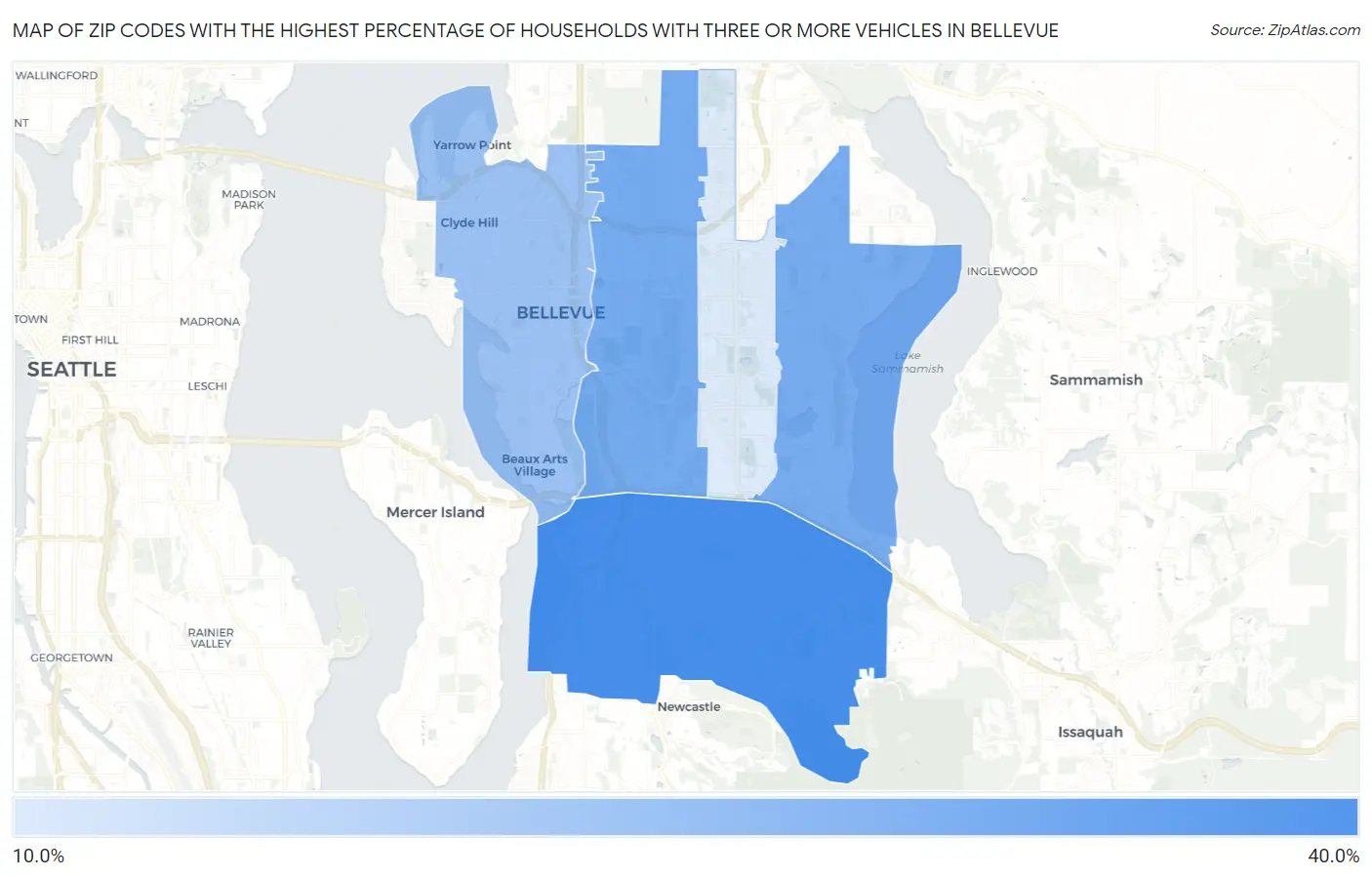 Zip Codes with the Highest Percentage of Households With Three or more Vehicles in Bellevue Map