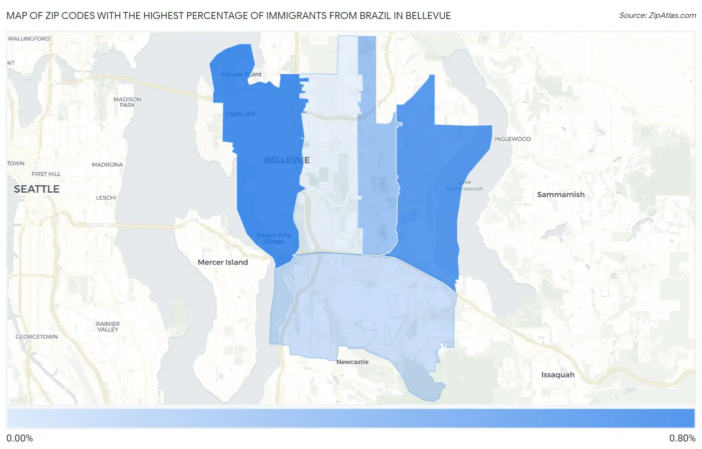 Zip Codes with the Highest Percentage of Immigrants from Brazil in Bellevue Map