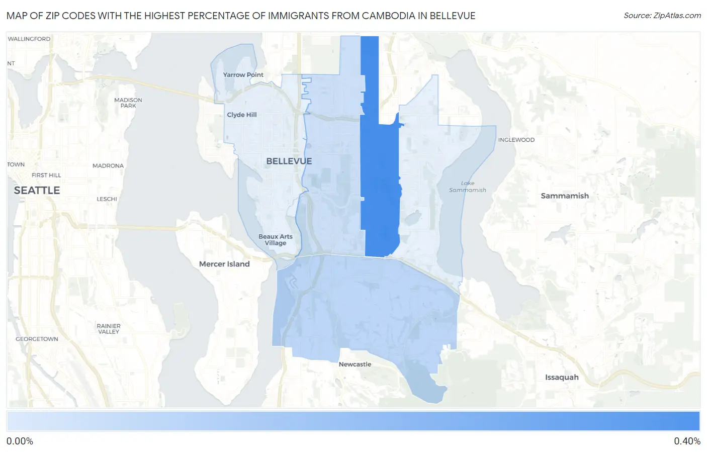 Zip Codes with the Highest Percentage of Immigrants from Cambodia in Bellevue Map