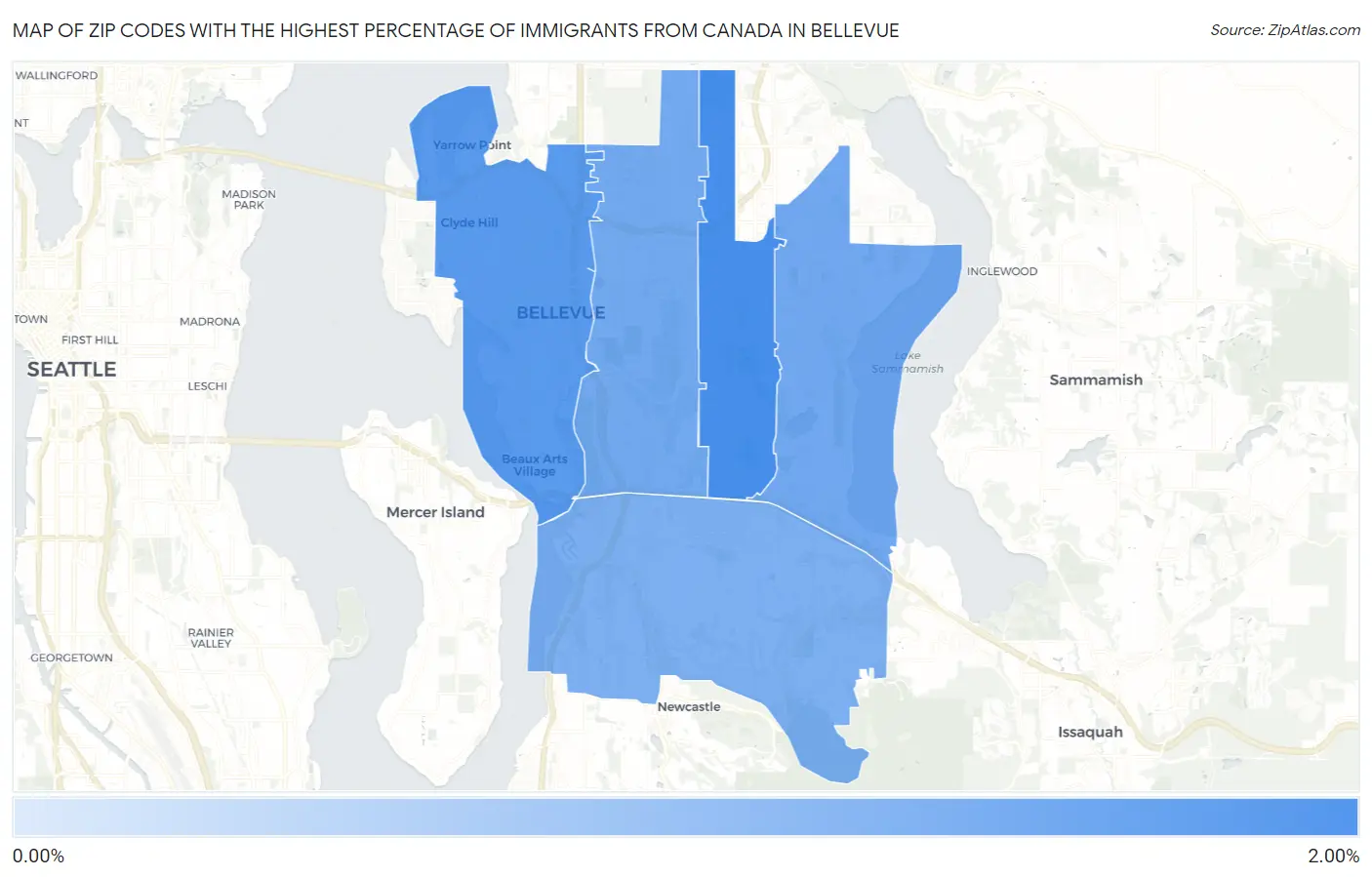 Zip Codes with the Highest Percentage of Immigrants from Canada in Bellevue Map