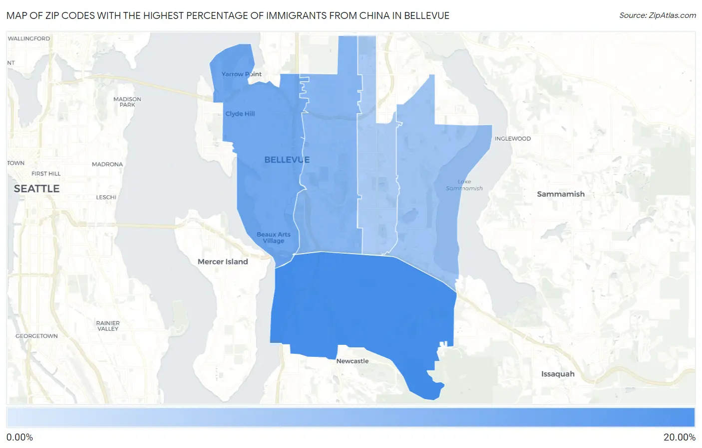 Zip Codes with the Highest Percentage of Immigrants from China in Bellevue Map