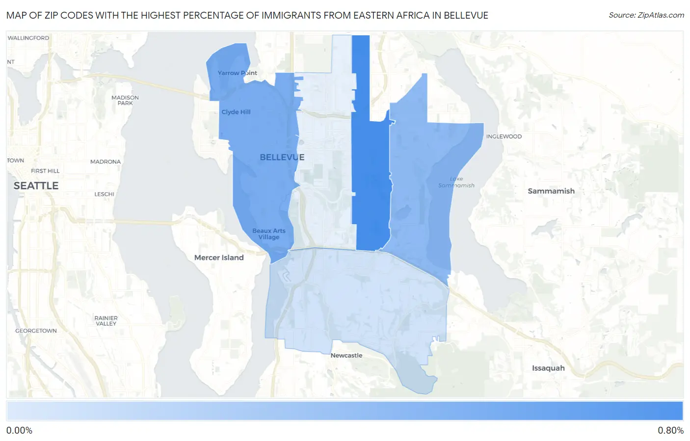 Zip Codes with the Highest Percentage of Immigrants from Eastern Africa in Bellevue Map