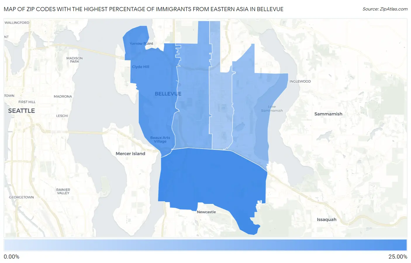 Zip Codes with the Highest Percentage of Immigrants from Eastern Asia in Bellevue Map