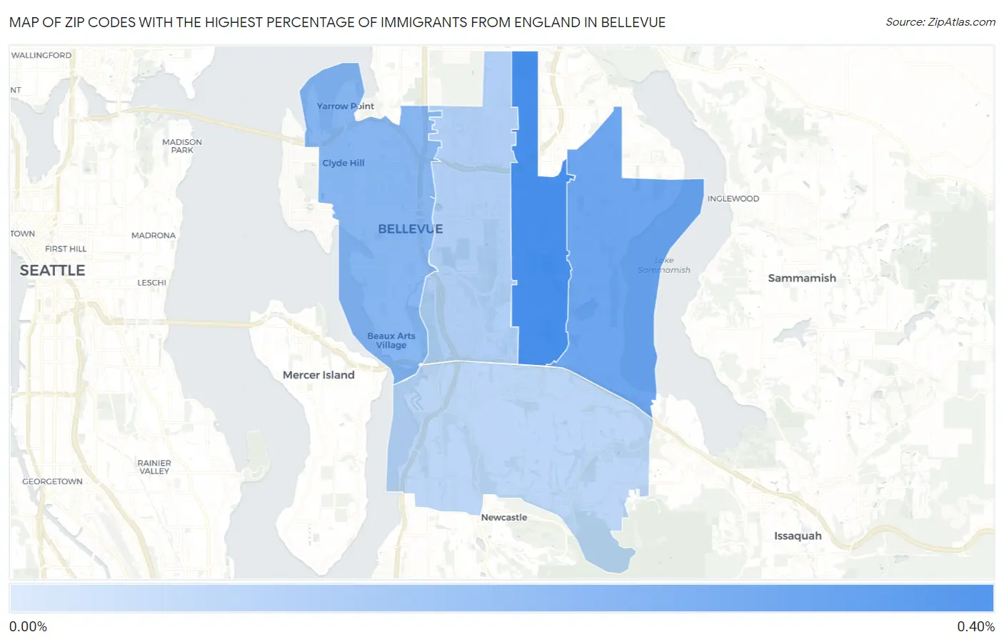Zip Codes with the Highest Percentage of Immigrants from England in Bellevue Map