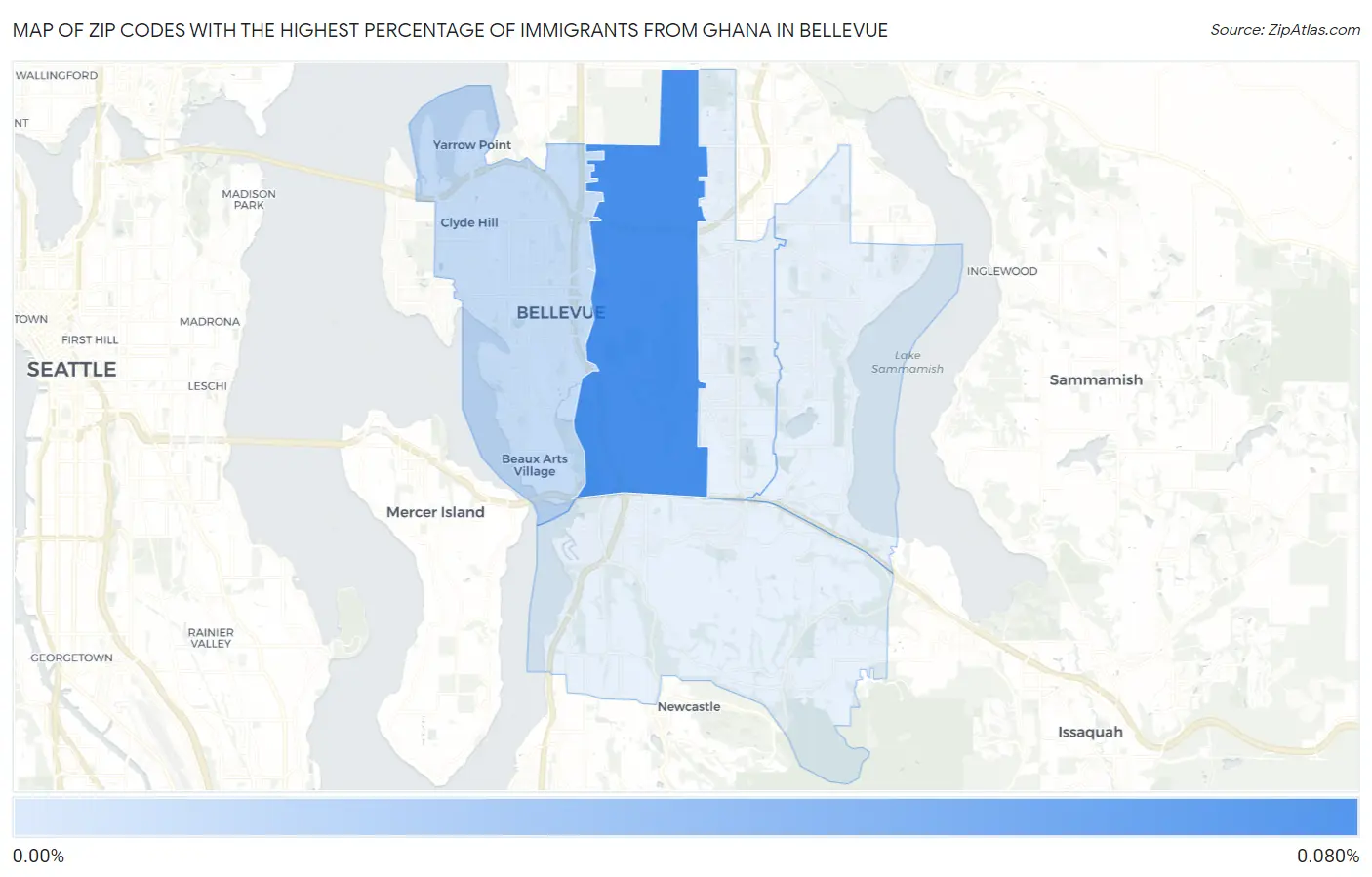 Zip Codes with the Highest Percentage of Immigrants from Ghana in Bellevue Map