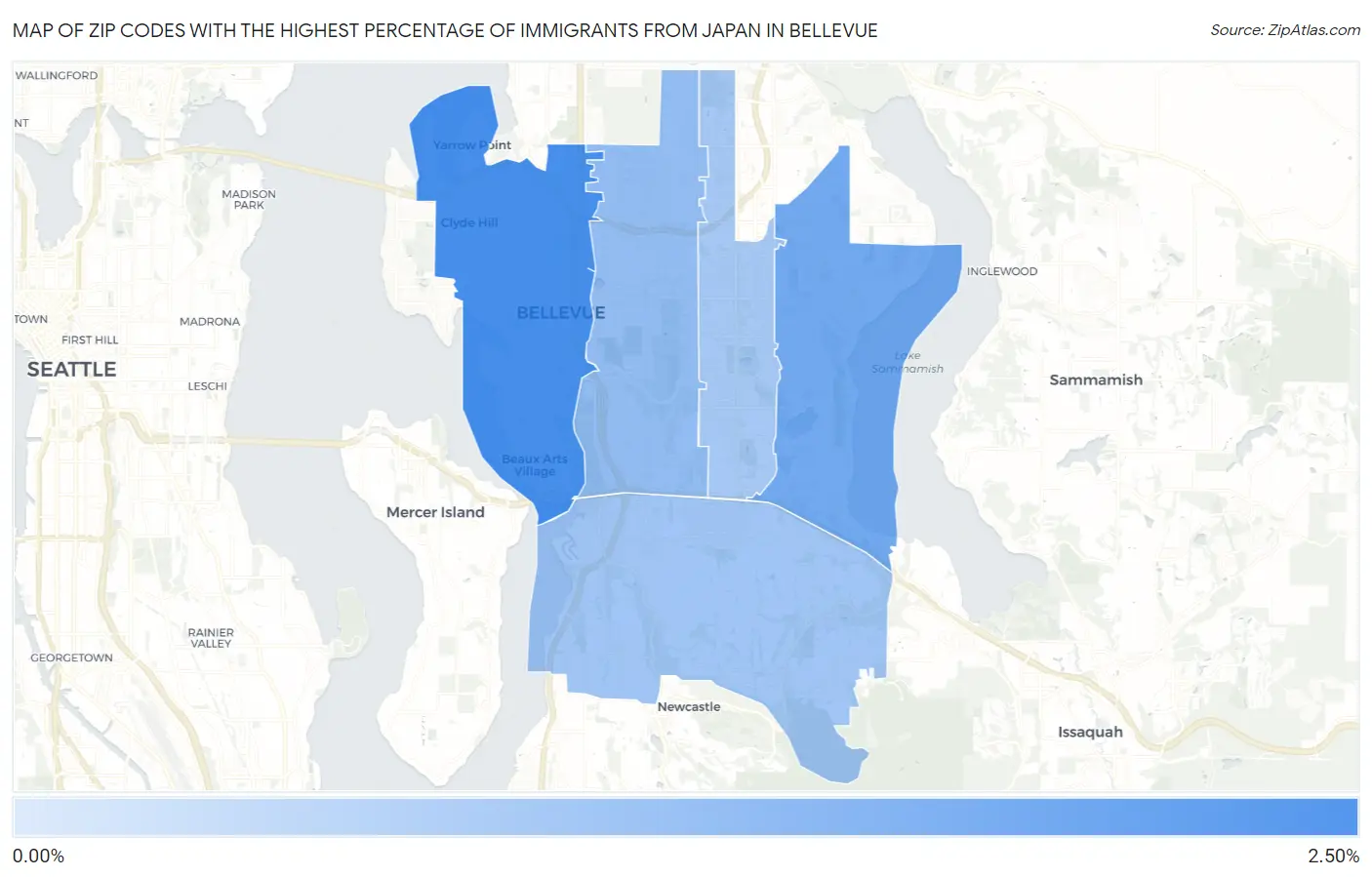 Zip Codes with the Highest Percentage of Immigrants from Japan in Bellevue Map