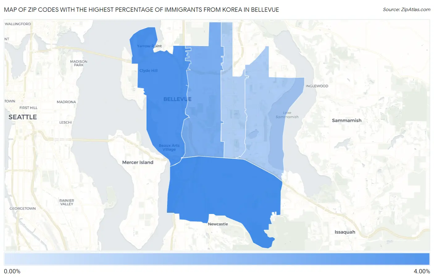 Zip Codes with the Highest Percentage of Immigrants from Korea in Bellevue Map
