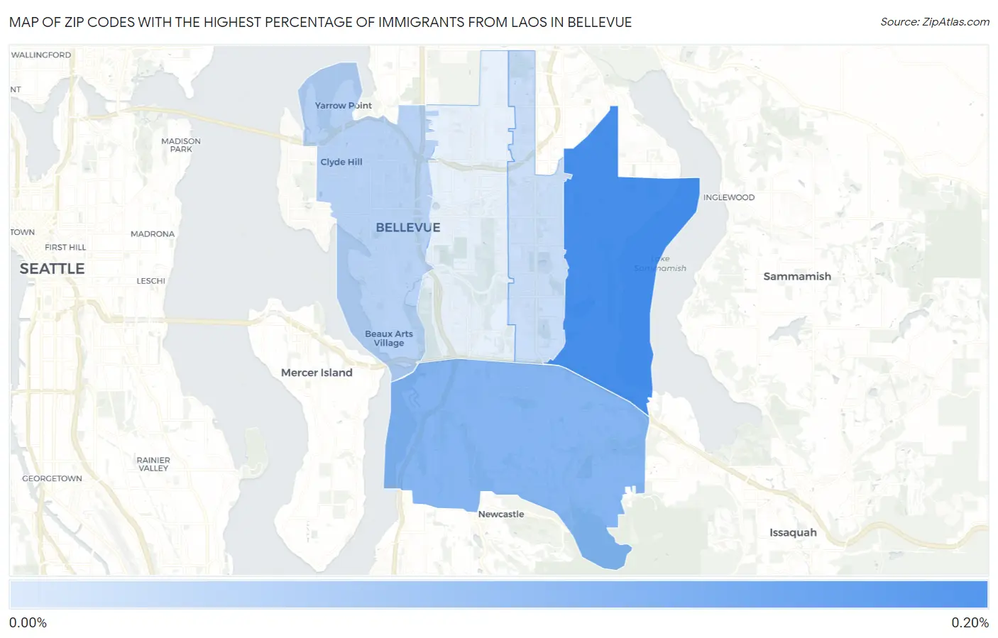 Zip Codes with the Highest Percentage of Immigrants from Laos in Bellevue Map