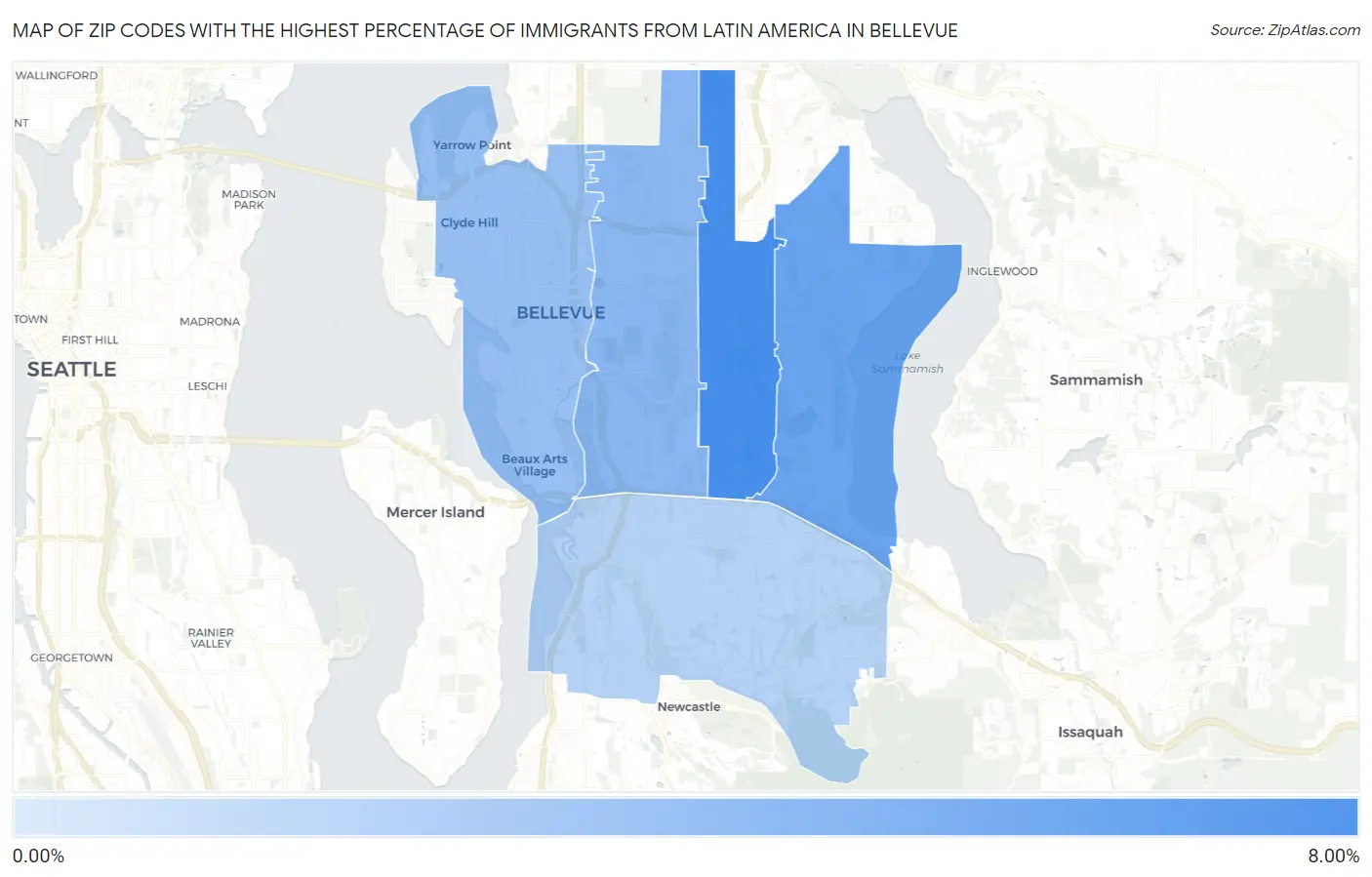 Zip Codes with the Highest Percentage of Immigrants from Latin America in Bellevue Map