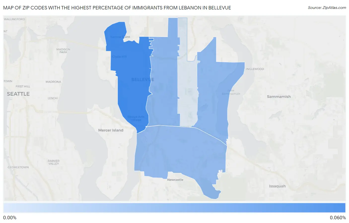 Zip Codes with the Highest Percentage of Immigrants from Lebanon in Bellevue Map