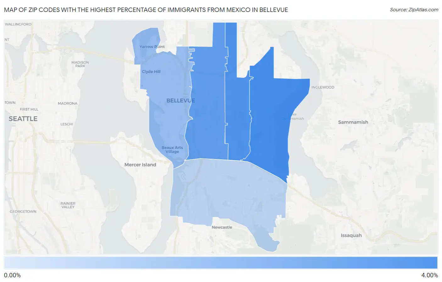 Zip Codes with the Highest Percentage of Immigrants from Mexico in Bellevue Map