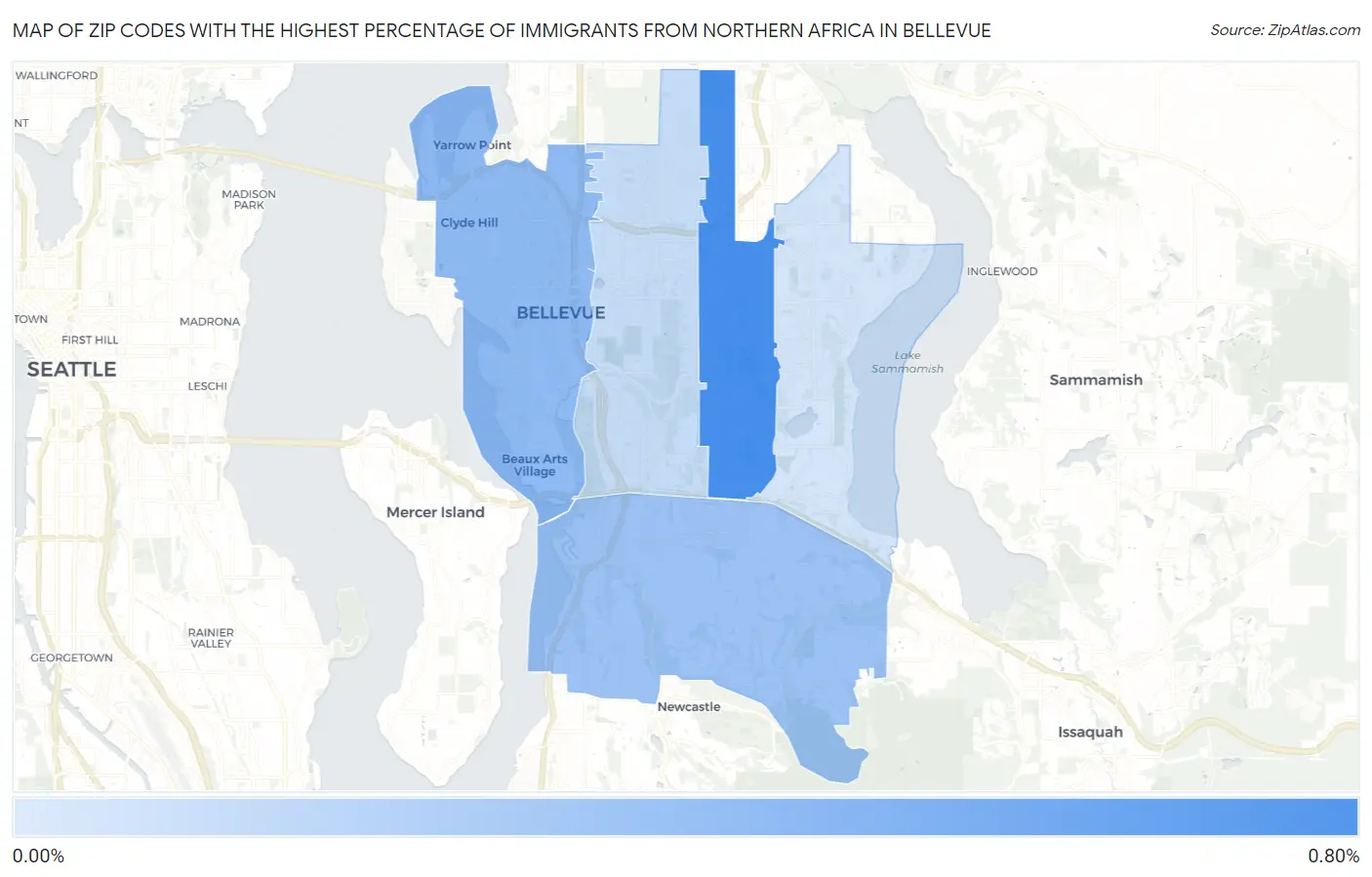 Zip Codes with the Highest Percentage of Immigrants from Northern Africa in Bellevue Map