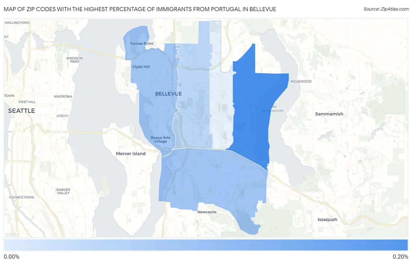Zip Codes with the Highest Percentage of Immigrants from Portugal in Bellevue Map