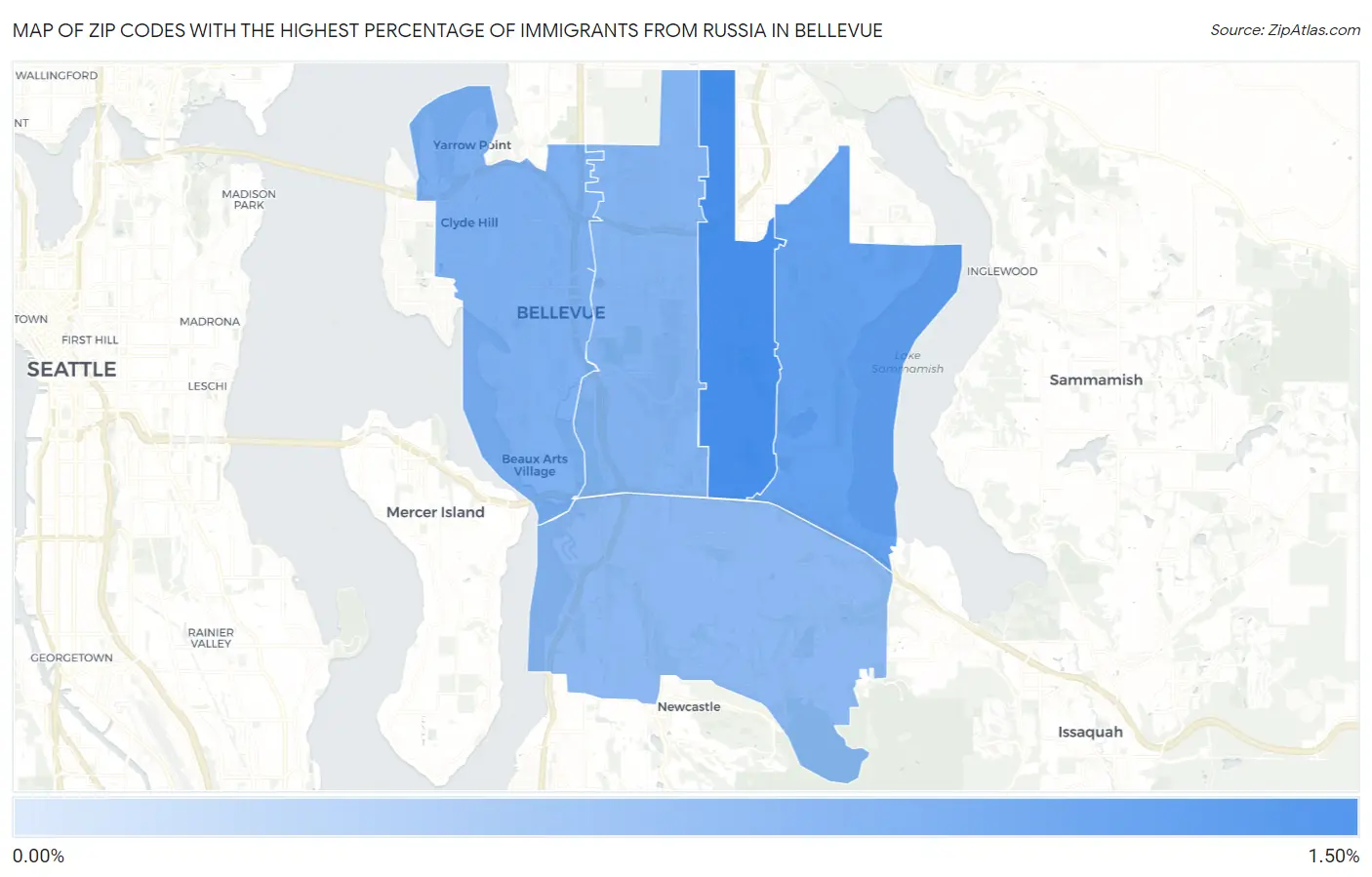 Zip Codes with the Highest Percentage of Immigrants from Russia in Bellevue Map