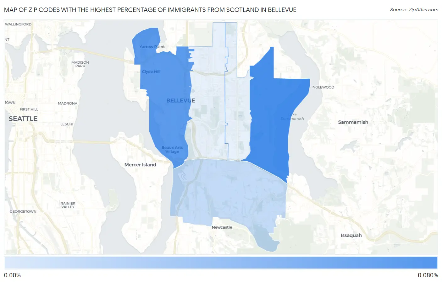 Zip Codes with the Highest Percentage of Immigrants from Scotland in Bellevue Map