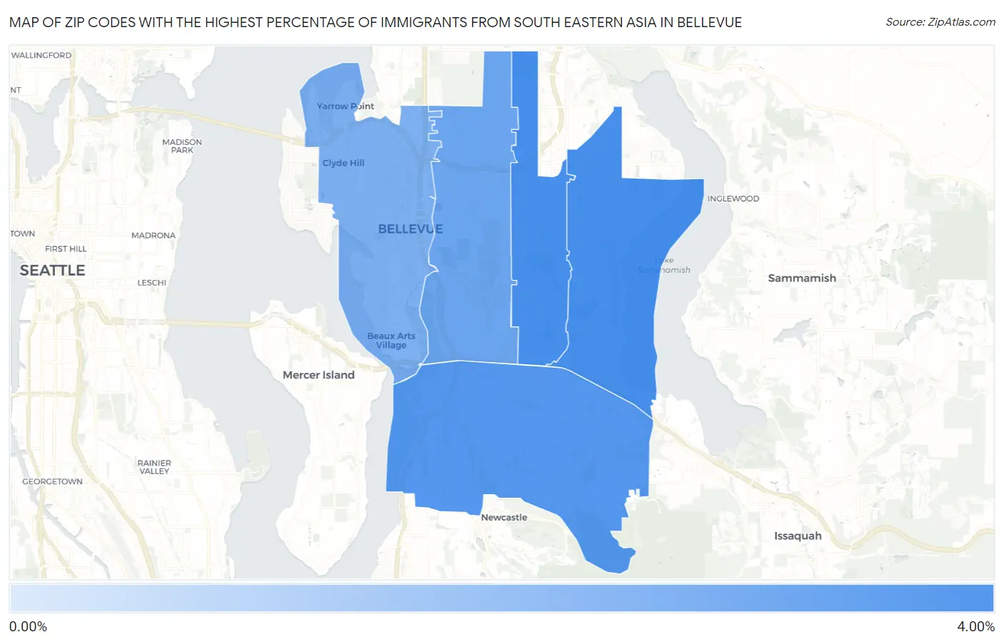 Zip Codes with the Highest Percentage of Immigrants from South Eastern Asia in Bellevue Map