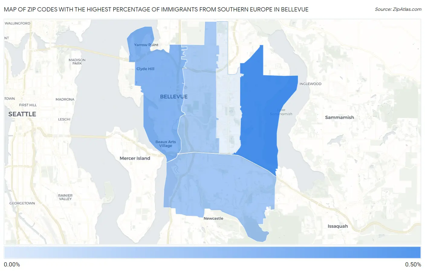 Zip Codes with the Highest Percentage of Immigrants from Southern Europe in Bellevue Map