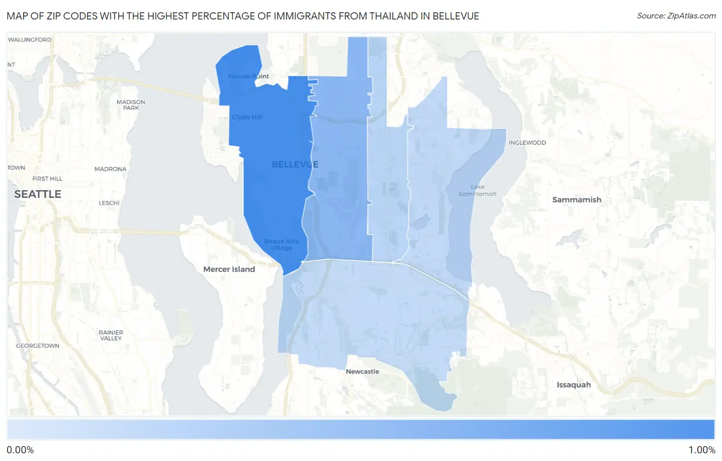 Zip Codes with the Highest Percentage of Immigrants from Thailand in Bellevue Map