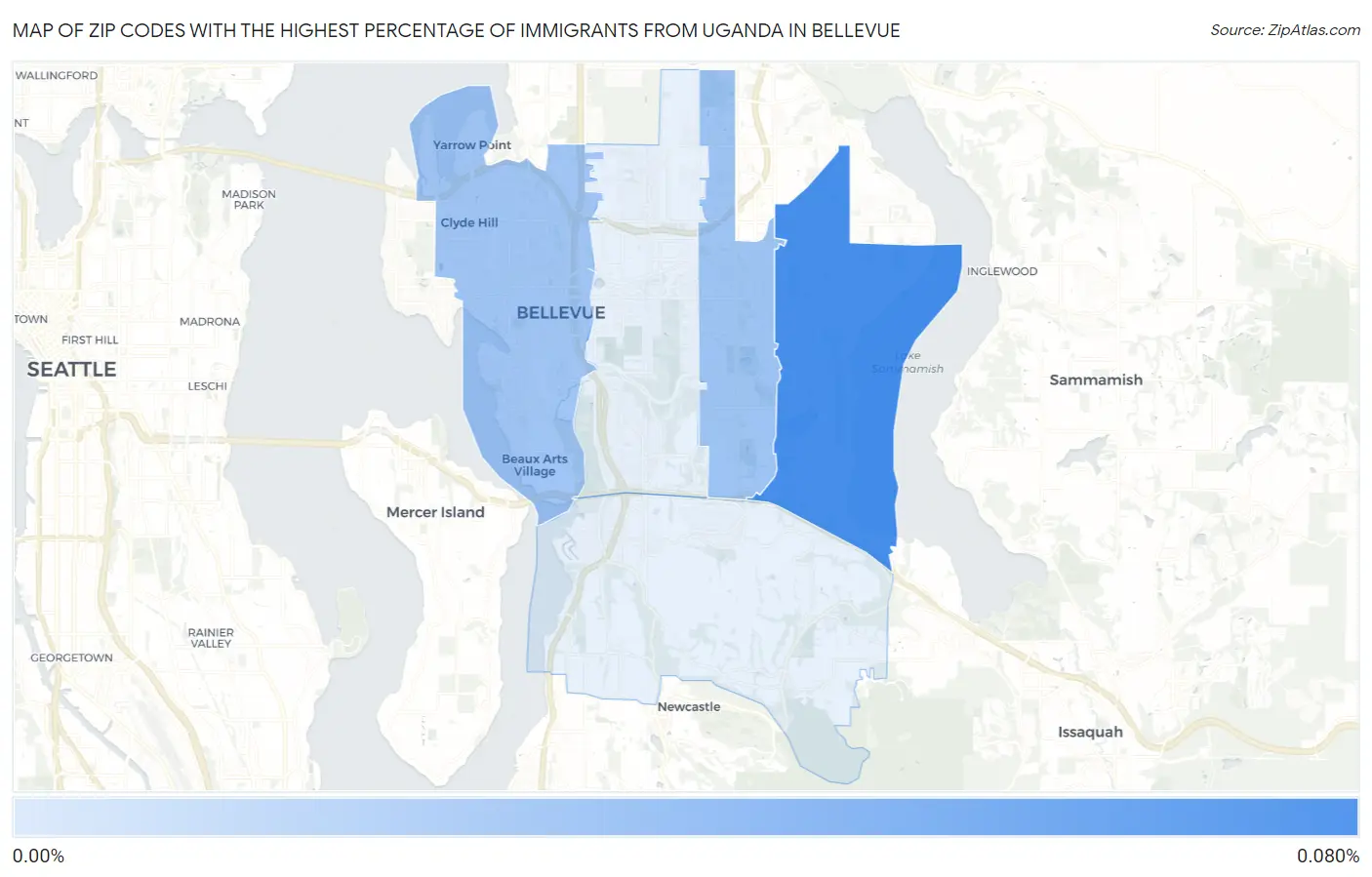 Zip Codes with the Highest Percentage of Immigrants from Uganda in Bellevue Map
