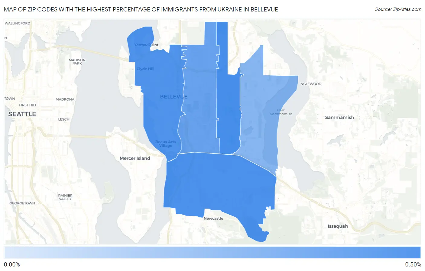 Zip Codes with the Highest Percentage of Immigrants from Ukraine in Bellevue Map