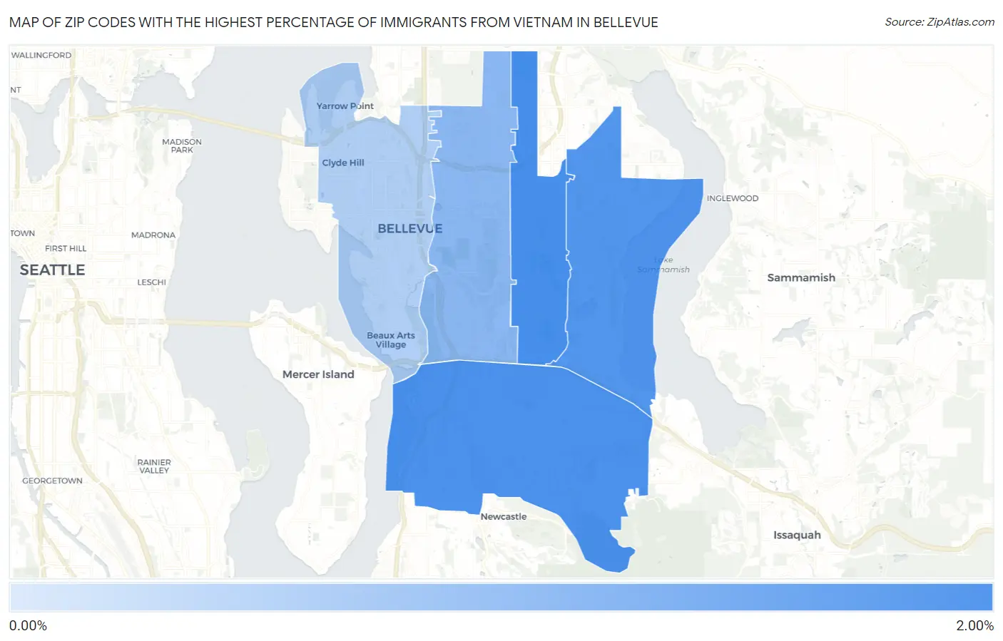 Zip Codes with the Highest Percentage of Immigrants from Vietnam in Bellevue Map