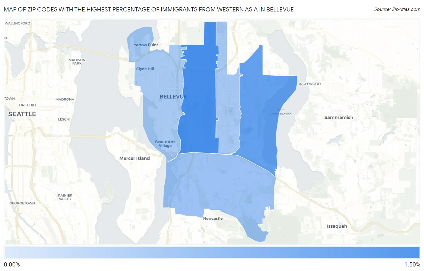 Zip Codes with the Highest Percentage of Immigrants from Western Asia in Bellevue Map