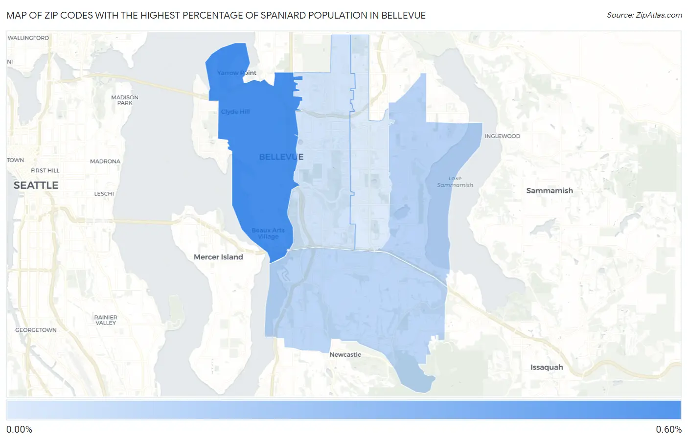 Zip Codes with the Highest Percentage of Spaniard Population in Bellevue Map