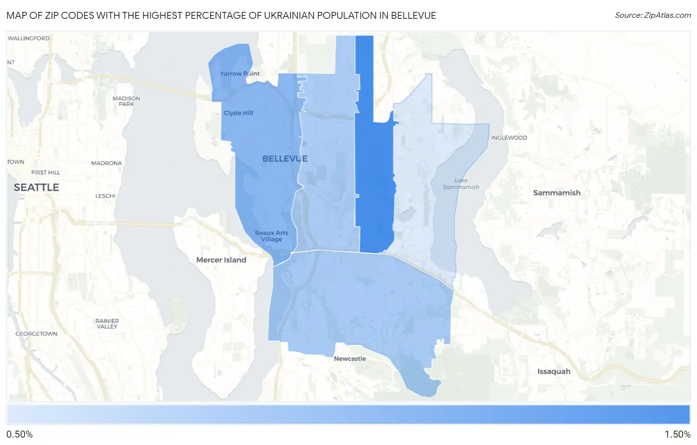 Zip Codes with the Highest Percentage of Ukrainian Population in Bellevue Map