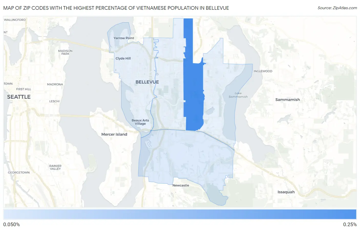 Zip Codes with the Highest Percentage of Vietnamese Population in Bellevue Map
