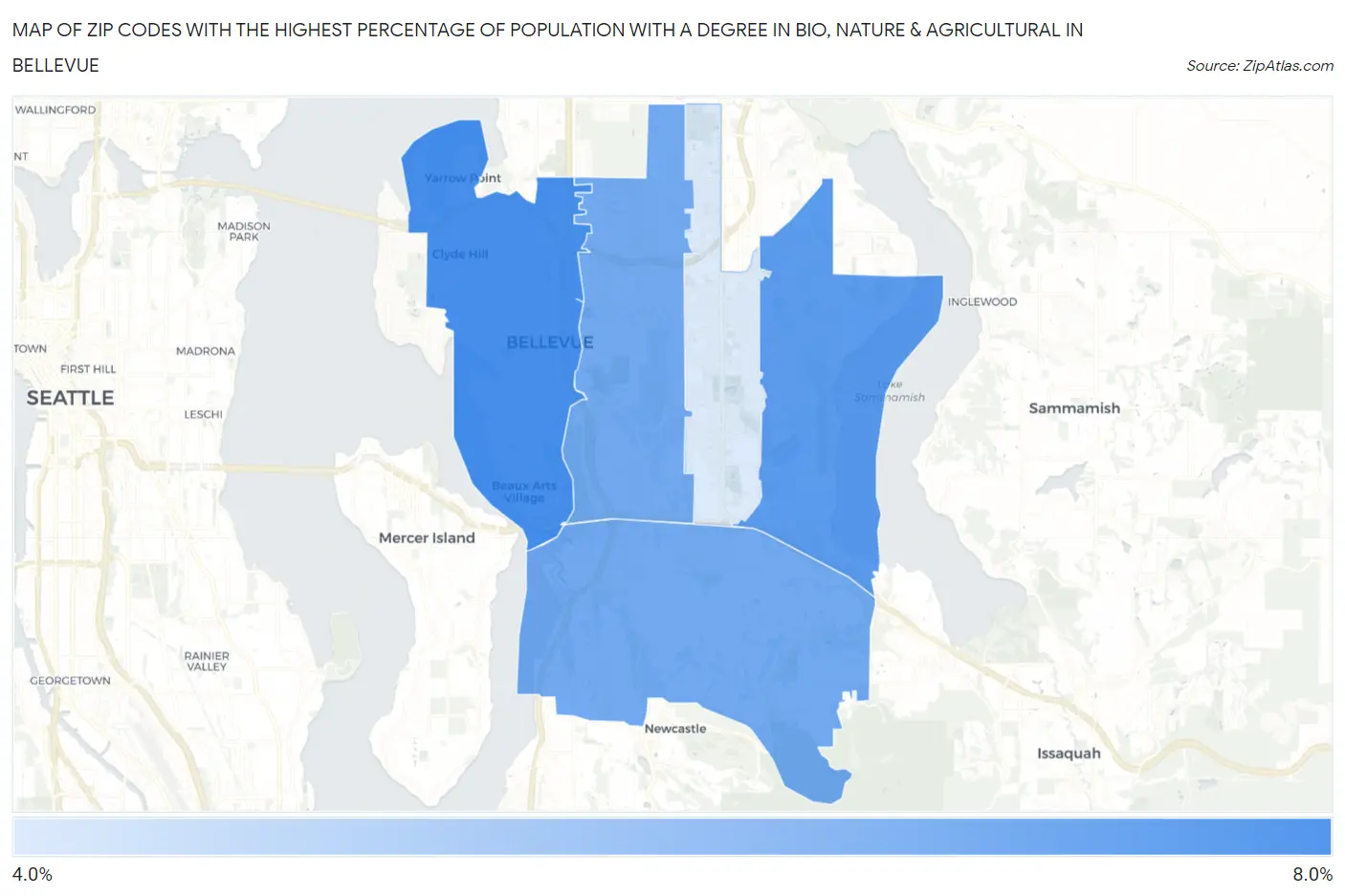 Zip Codes with the Highest Percentage of Population with a Degree in Bio, Nature & Agricultural in Bellevue Map
