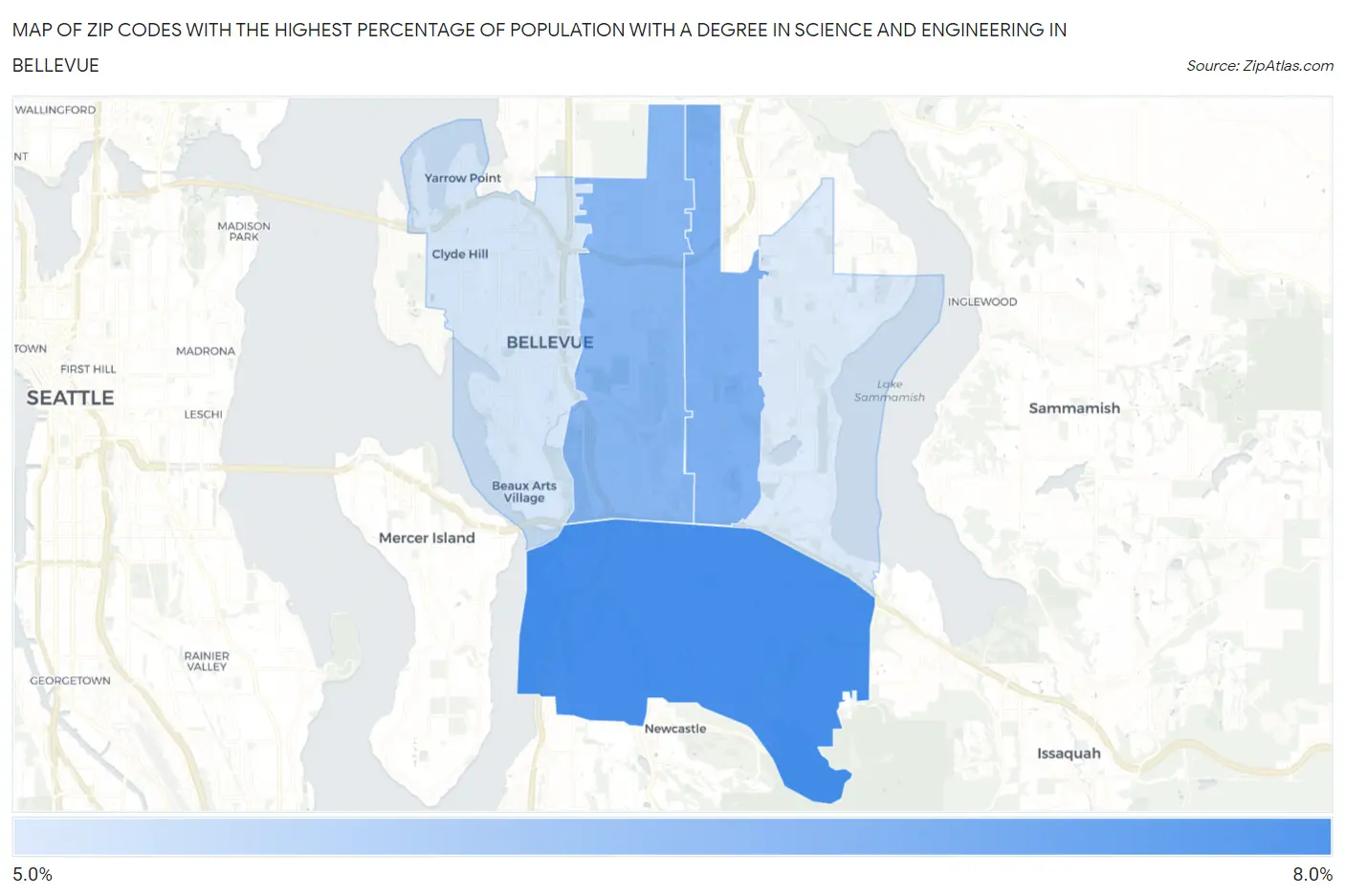 Zip Codes with the Highest Percentage of Population with a Degree in Science and Engineering in Bellevue Map