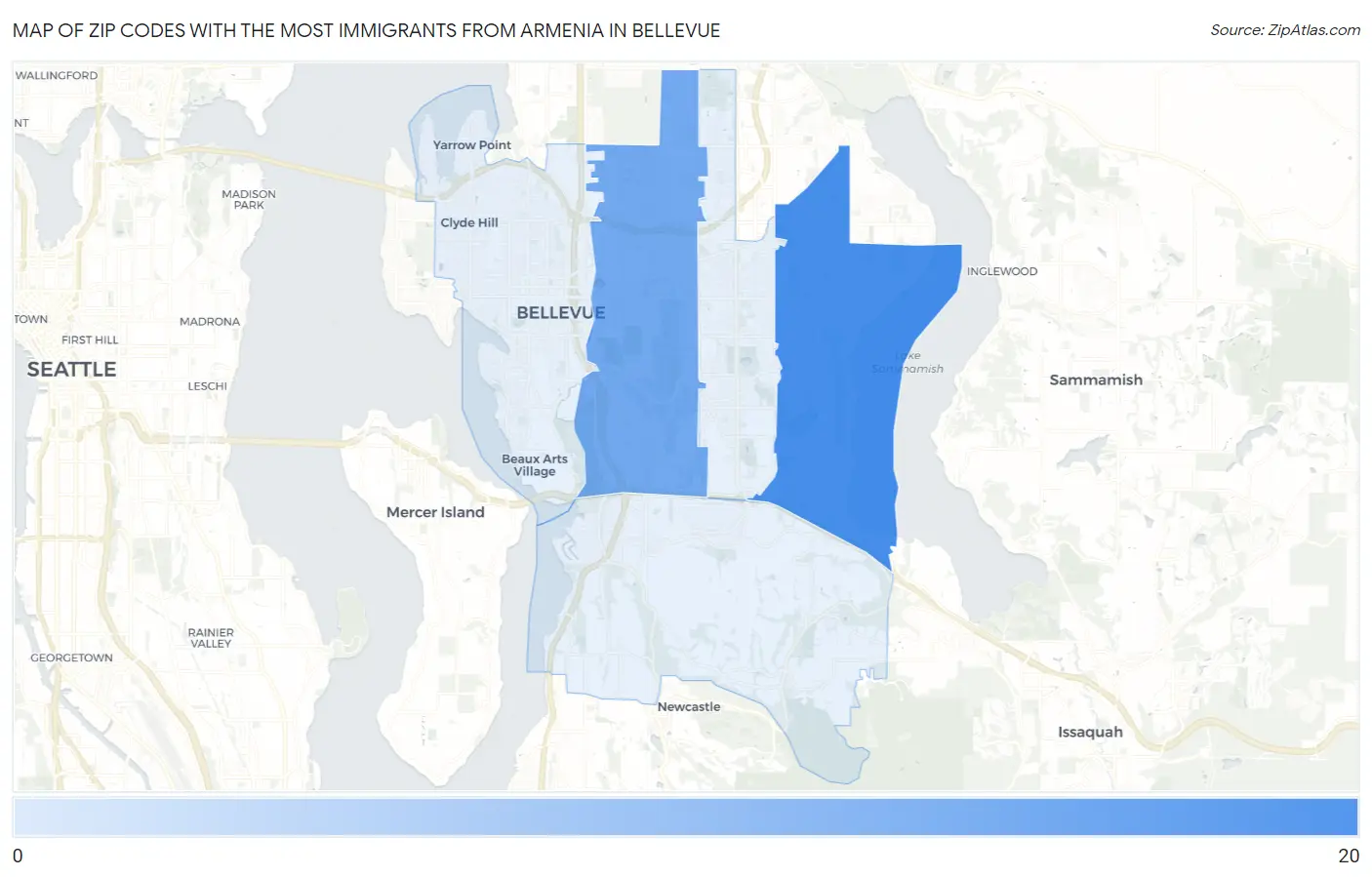 Zip Codes with the Most Immigrants from Armenia in Bellevue Map