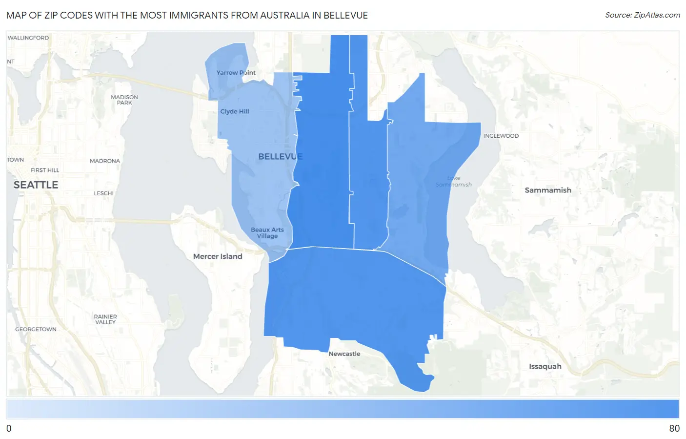 Zip Codes with the Most Immigrants from Australia in Bellevue Map