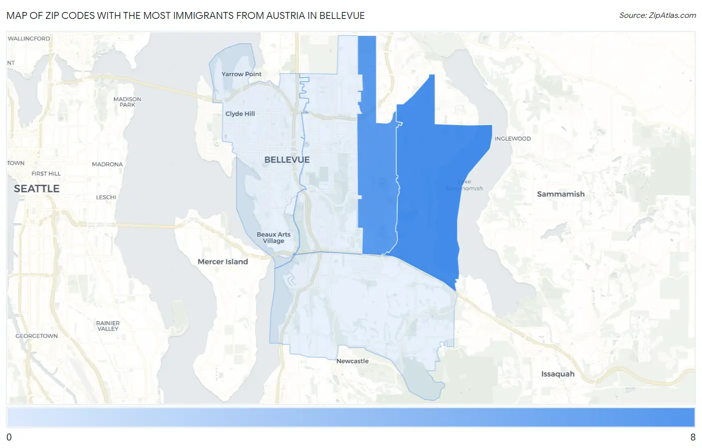 Zip Codes with the Most Immigrants from Austria in Bellevue Map