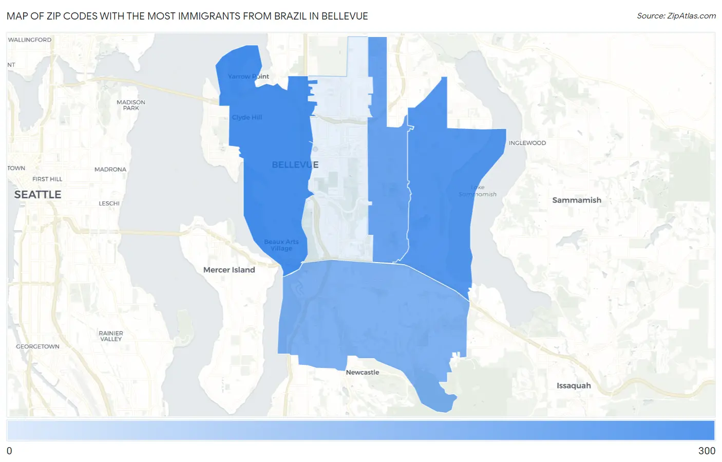 Zip Codes with the Most Immigrants from Brazil in Bellevue Map