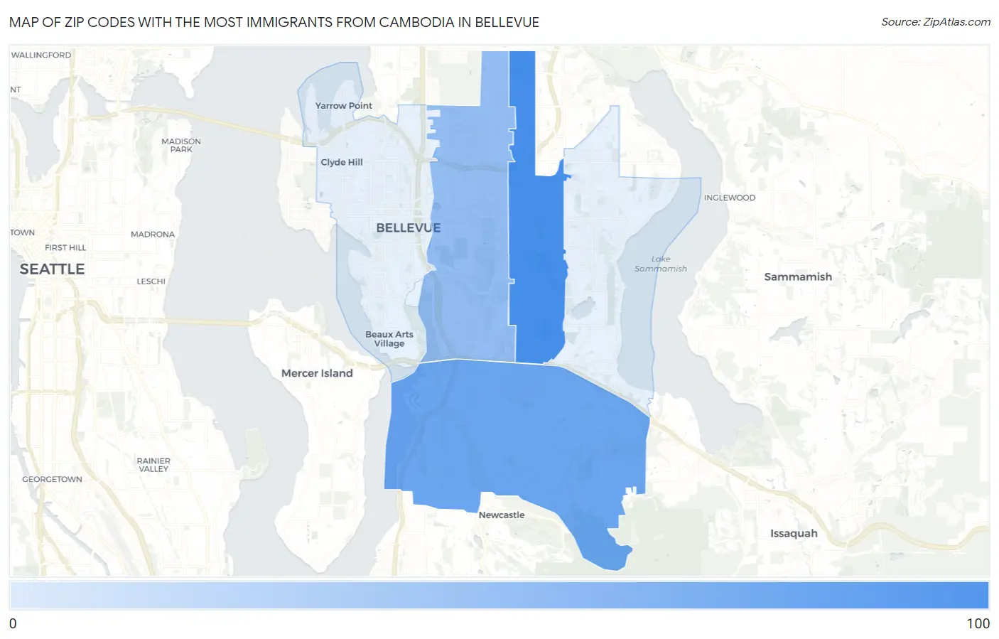 Zip Codes with the Most Immigrants from Cambodia in Bellevue Map