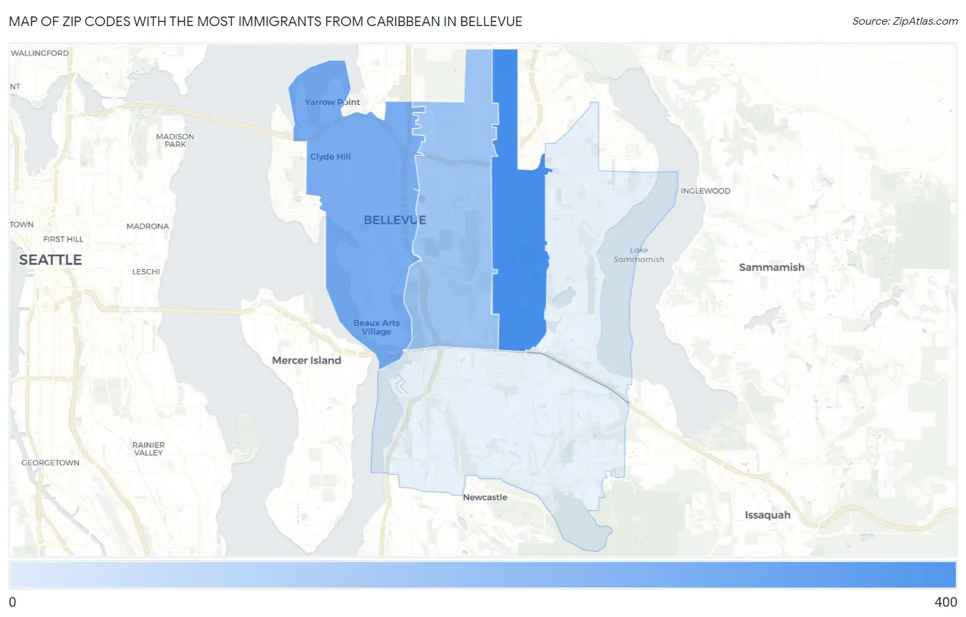 Zip Codes with the Most Immigrants from Caribbean in Bellevue Map