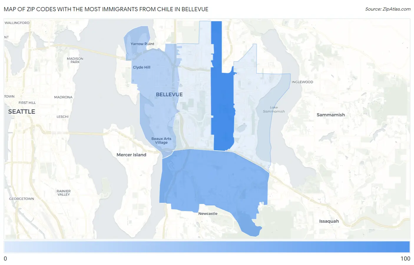 Zip Codes with the Most Immigrants from Chile in Bellevue Map