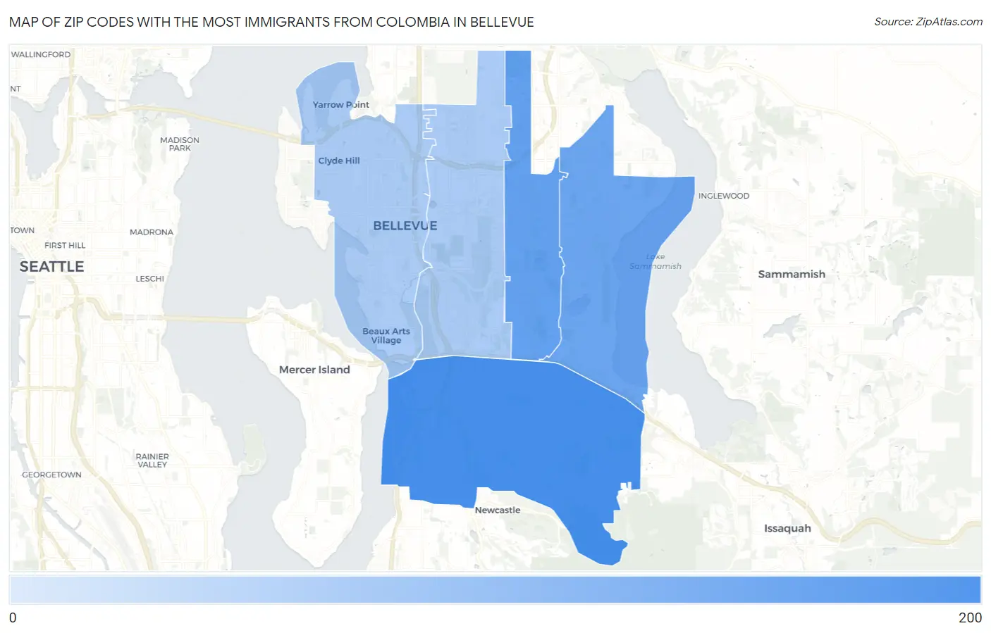 Zip Codes with the Most Immigrants from Colombia in Bellevue Map