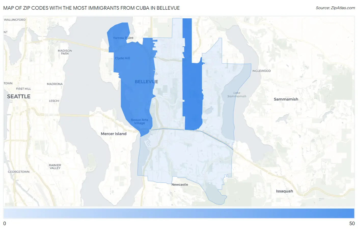 Zip Codes with the Most Immigrants from Cuba in Bellevue Map