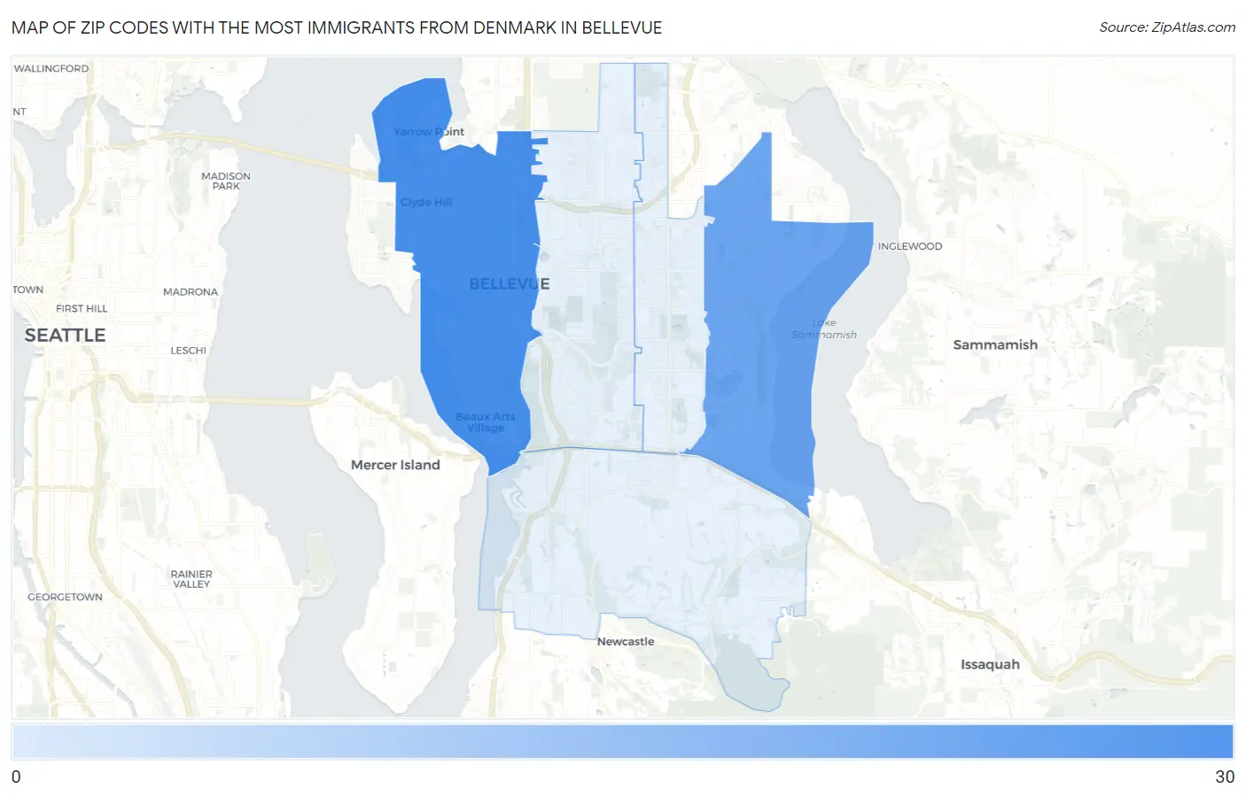 Zip Codes with the Most Immigrants from Denmark in Bellevue Map