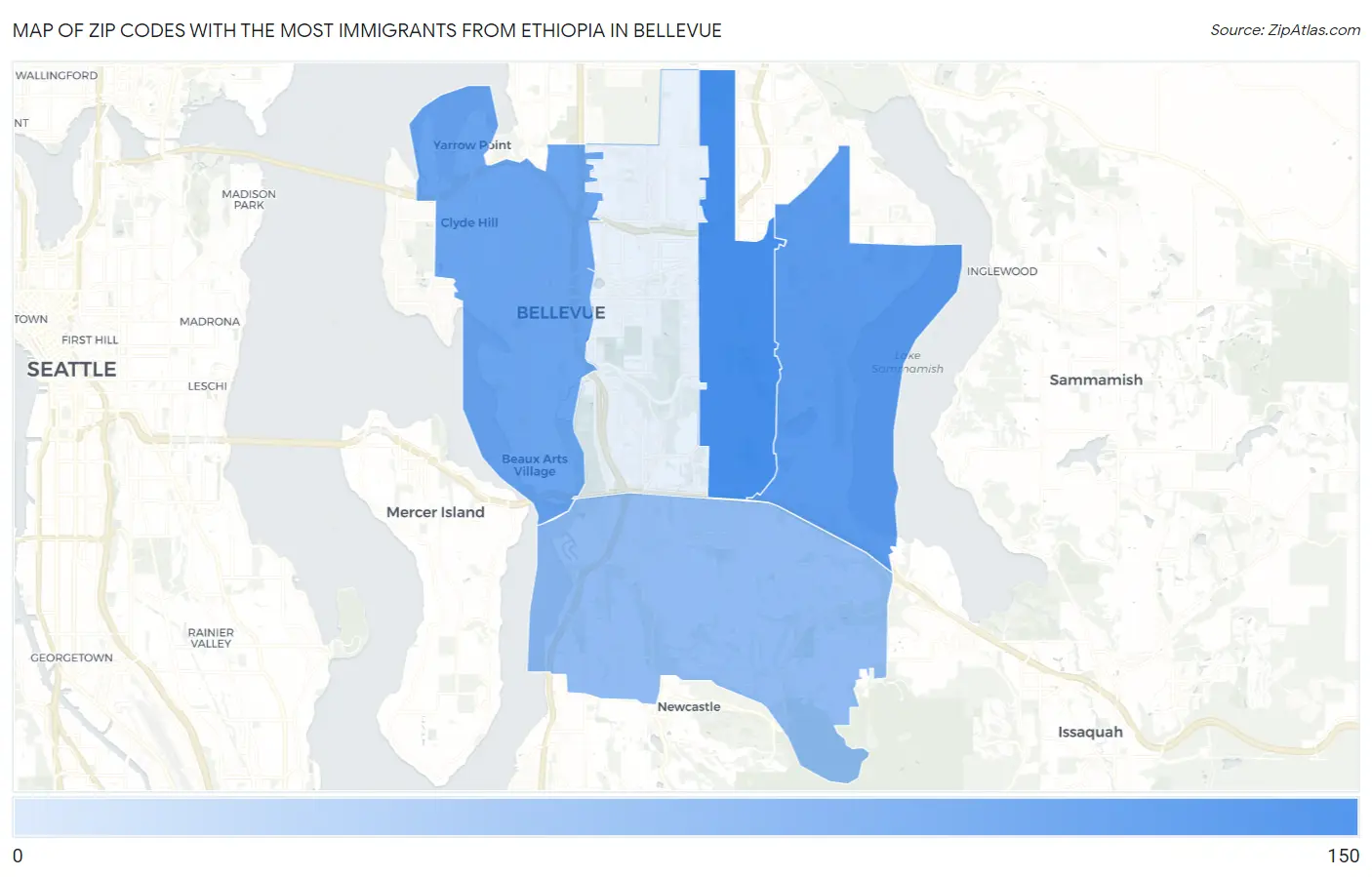 Zip Codes with the Most Immigrants from Ethiopia in Bellevue Map