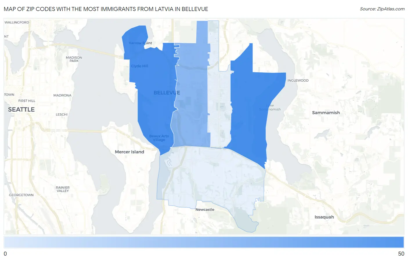 Zip Codes with the Most Immigrants from Latvia in Bellevue Map