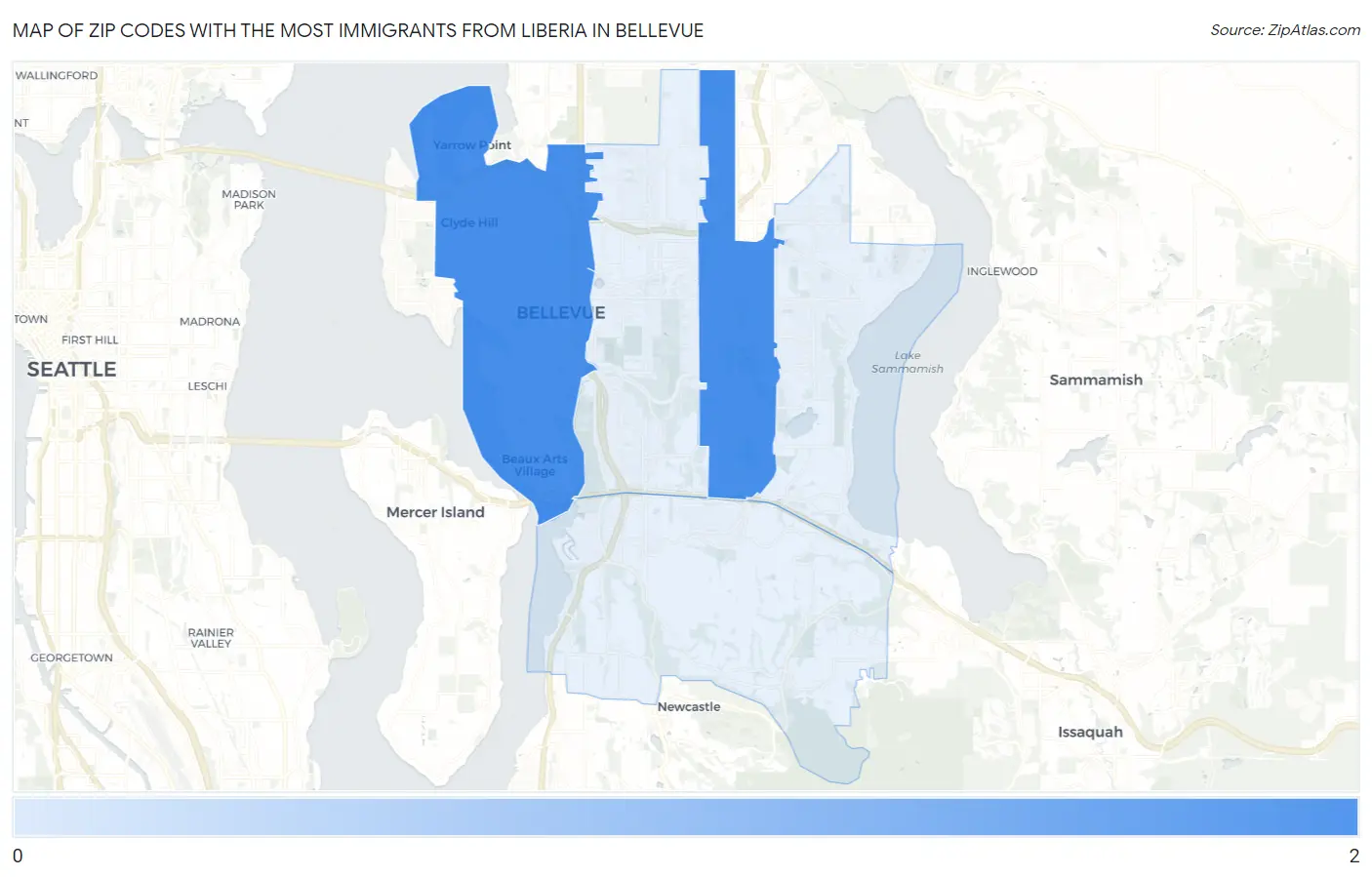 Zip Codes with the Most Immigrants from Liberia in Bellevue Map