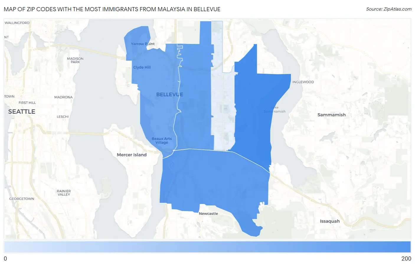 Zip Codes with the Most Immigrants from Malaysia in Bellevue Map